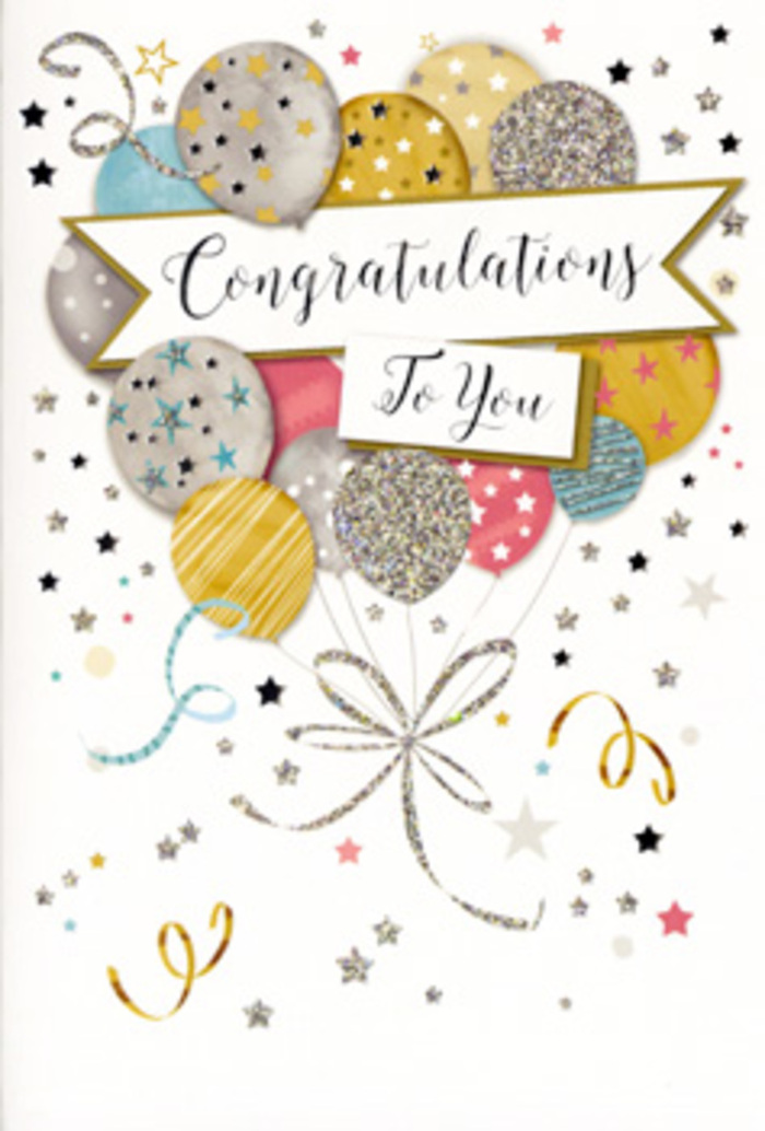 This congratulations card is depicted as a refined yet cheerful artwork, much like a thoughtfully arranged celebration bouquet prepared for a special moment in Edgware. A lush cluster of illustrated balloons fills the centre of the design, layered to create depth and movement. The balloons are round and slightly elongated, painted in a harmonious palette of warm gold, soft silver, champagne beige, sky blue, blush pink, and subtle grey. Each one is embellished with its own distinct decoration-miniature stars, sparkling dots, gleaming stripes, and scattered glittery patches-so they feel like individual voices in a single joyful chorus. Fine metallic ribbons in gold and silver extend from the base of each balloon, curving in loose spirals and connecting into a single, graceful tangle at the bottom of the composition, much like the stems of a hand-tied bouquet gathered with a satin bow at Edgware Flowers. Floating across the middle, a wide banner carries an elegantly scripted congratulatory message, the lettering raised and slightly glossy, suggesting an embossed finish your fingertips would notice immediately. Around the main motif, the background is sprinkled with drifting stars, confetti dots, and curly streamers, all printed in shimmering metallic inks that recall party lights reflecting off glasses at a local celebration. The overall mood is uplifting, sophisticated, and versatile-perfect for graduations at nearby schools, promotions, new jobs, or personal milestones quietly honoured at home. Paired with fresh blooms delivered across Edgware, this card adds that extra layer of sparkle and heartfelt sentiment that turns a simple well done into a treasured keepsake.