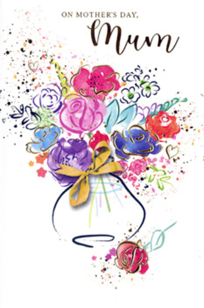 The Mother's Day card artwork unfurls like a blooming garden in miniature, rendered in fluid watercolour strokes that could have been painted in a quiet corner near Canons Park. A rounded vase sits at the base of the scene, loosely outlined and finished with a slender golden bow, evoking the careful finishing touches used in a hand-tied bouquet. From this vase, a burst of flowers springs upward: lush pinks in shades from candy to deep cerise mingle with splashes of mulberry and warm coral, their petals brushed with a mix of soft edges and precise indigo outlines. Intertwined among these warmer tones are calming blue and lavender blossoms, adding a cool, restful quality reminiscent of an early morning walk through Edgware's leafy side streets. Fine gold detailing traces certain petals and leaf tips, giving the composition a soft, shimmering highlight, like streetlights catching raindrops after a spring shower. Around the bouquet, playful splatters of paint and tiny heart motifs hover in the white space, suggesting petals drifting to the ground or confetti tossed in celebration. The composition is both airy and full, with enough white background to keep the image light while the concentrated colour at the centre creates the feel of a generous, hand-crafted arrangement. The mood is tender and joyful-perfect for a Mother's Day greeting that accompanies same-day flower delivery in Edgware, carrying the message that every bloom has been chosen, and every brushstroke laid, with a mother's love in mind.