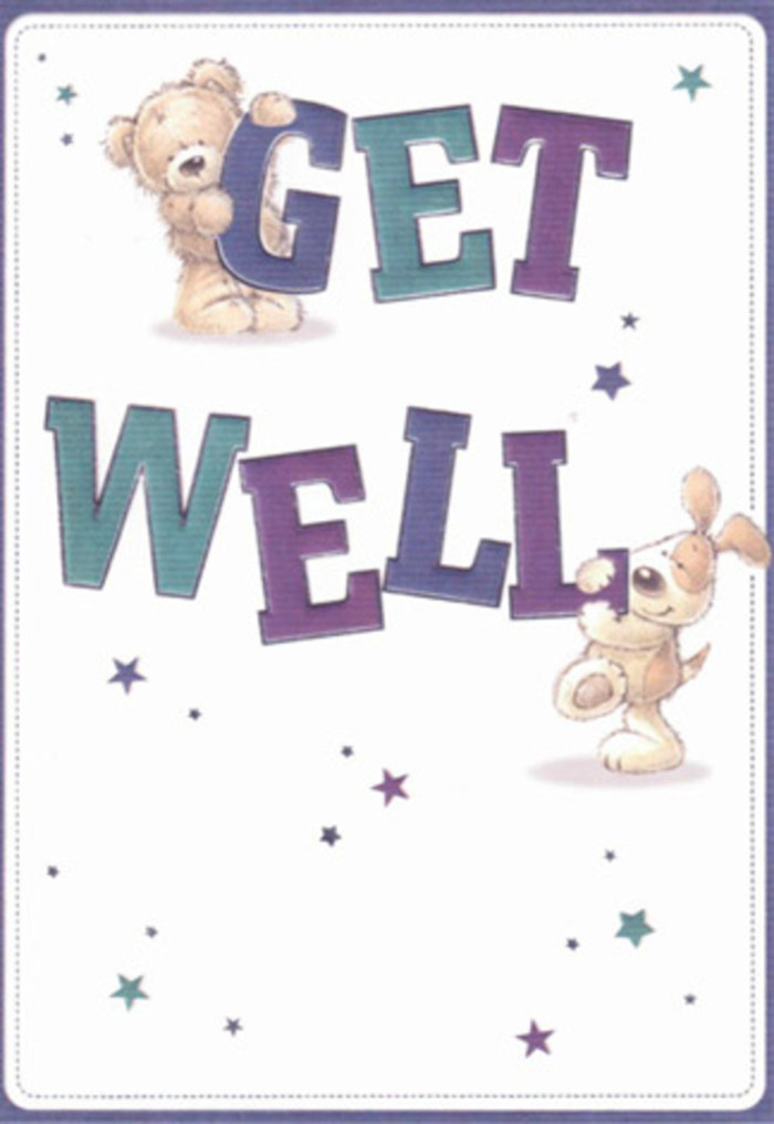 Brimming with playful optimism and friendly reassurance, this illustrated get well card captures a spirit of healing that echoes the warmth of Edgware's community. A gentle teddy bear, with fur rendered in soft shading, sits at the crest of the exuberant 'GET,' while a floppy-eared pup, eyes wide with affectionate curiosity, leans into 'WELL.' Their rounded shapes and friendly faces create a sense of tactile comfort, as if inviting a gentle squeeze from someone seeking solace. Vivid indigos and soothing teals shape the message in bold, cheerful letters, evoking the lively blooms and calming colours found at Edgware Flowers on a bright spring morning. Around them, a fluttering confetti of starlike accents in varying blue and purple hues provides a whimsical sense of hope, like petals catching the light by Stonegrove. The creamy, open background allows the scene to breathe, much like a carefully arranged bouquet styled to show each element at its best. Every brushstroke conveys the attentive craftsmanship familiar to Edgware's florists-details arranged not just to please the eye, but to comfort and encourage. The card sends a visual embrace, its happy innocence and supportive energy perfectly suited for sending meaningful get well wishes to loved ones throughout Edgware.