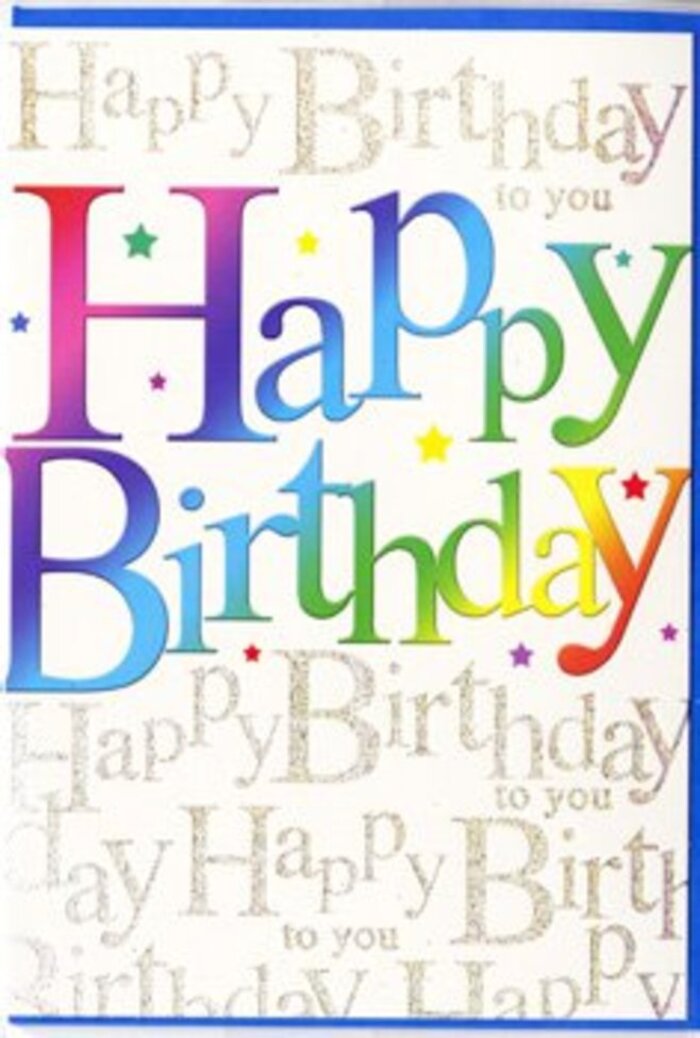 In this image, a richly decorated birthday card takes centre stage, the kind you might pair with a bright bouquet before heading to a celebration near Edgwarebury Park. Across the front, the words Happy Birthday sweep from left to right in thick, friendly lettering, each character coloured with a smooth, painterly gradient. The colour journey moves from deep berry reds through warm mango and honeyed yellow to lively lime green and cool ocean blues, then into touches of violet, creating a spectrum as harmonious as a carefully arranged rainbow of flowers. The blending between shades is gentle, with no harsh transitions, so the overall effect feels soft and optimistic, like early morning light washing over a party table. Behind the main phrase, the entire background is layered with delicate gold script, repeating Happy Birthday to you again and again in slightly looping, handwritten strokes. This script has a soft glitter effect, glimmering subtly as though finely dusted with gold, reminiscent of festive lights reflected in shop windows along Burnt Oak Broadway. The gold lettering is lighter and finer than the bold central words, creating a sense of depth, as if the heartfelt message is echoing warmly in the distance. Lightly scattered across the card are specks and small shapes in varying colours-tiny starbursts and dots that resemble confetti tossed at the moment of a wish. The card surface looks smooth with a soft sheen, suggesting a quality finish. Altogether, it feels like a thoughtfully designed birthday greeting, ready to accompany flowers from Edgware Flowers and bring an extra layer of joy to any local birthday surprise.