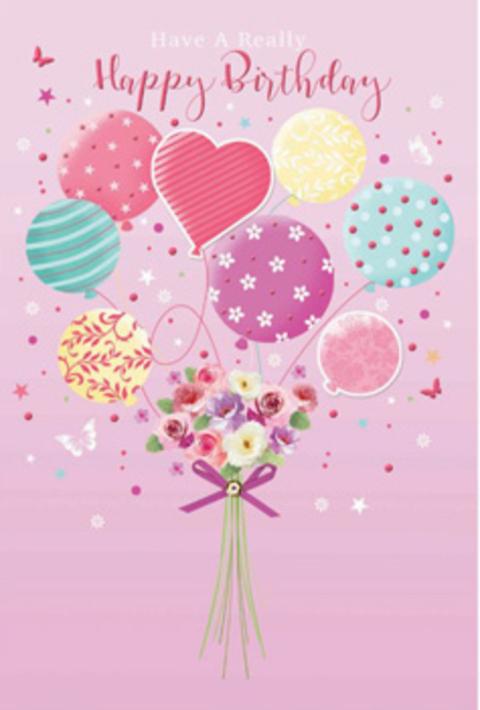 Birthday card illustration showing a pastel bouquet of balloons and flowers that looks as if it could have been dreamed up in a cosy Edgware florist's workshop. The scene rests on a soft pink backdrop, calm and even, evoking the quiet early hours before the shops open along Hale Lane. Floating upward from the centre is a tight cluster of balloons, each rendered with thoughtful detail. Some balloons are adorned with delicate polka dots that dance across their surfaces; others show swirling ribbons, petite floral motifs, or candy-like stripes. Their colours range from petal pink and rosy fuchsia to seafoam green, pale sunshine yellow, lavender, and blue-green, all with a gentle, luminous sheen that suggests soft, natural light washing over them. At the base of the balloon cluster, where all the strings meet, a charming little bouquet of garden-style flowers anchors the composition. Tiny rosebuds and daisy-like blooms in shades of cream, blush, and dusty mauve form a rounded cluster, their velvety petals slightly curled at the edges, just as you might see in a freshly tied birthday posy headed to a home near Canons Drive. A sparkling purple satin bow wraps around the stems, its loops and trailing ends adding a sense of movement and care. Scattered stars and a couple of small butterflies hover around the bouquet and balloons, giving the impression of a celebration suspended mid-air. The design feels both playful and refined, perfectly suited to sending warm birthday wishes across Edgware, with all the joy and softness of a thoughtfully arranged floral gift.