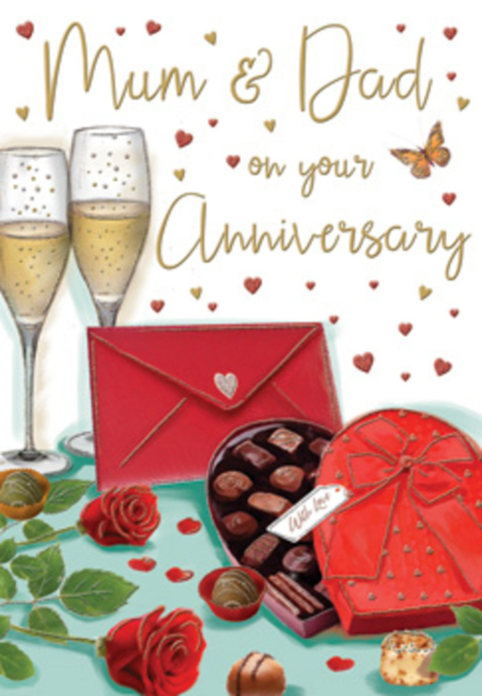 Luxurious anniversary card artwork capturing a scene of togetherness and indulgence, as if set in a welcoming Edgware living room after dusk. At the heart of the illustration, two tall champagne glasses stand close, their slender stems almost touching, filled with a golden, effervescent drink whose bubbles shimmer upwards like tiny lights. The glassware reflects soft highlights, giving the impression of lamplight glinting, similar to how glass vases catch the glow in homes along Canons Drive. Just beneath, a heart-shaped chocolate box commands attention: its deep red casing slightly open, revealing an inviting selection of neatly arranged chocolates, each piece a different shade of cocoa brown, with one or two nestled outside the box as if recently picked up and shared with a smile. Draped over the lid is a generous red bow, loops full and satin-smooth, adding a sense of occasion. In front, two vivid red roses rest on the table, petals lush and spiralled, with rich green leaves framing them, recalling the fresh, velvety blooms a florist carefully chooses for an anniversary gift. To one side, a scarlet envelope lies ready, closed and slightly tilted, hinting at an affectionate card addressed to 'Mum & Dad' and handwritten with love. Around the central scene, delicate golden accents and scattered crimson hearts float across a warm background, like tiny tokens of affection drifting through the air. The overall composition radiates warmth, intimacy, and the quiet joy of a milestone anniversary in Edgware, where champagne, roses, and chocolates come together to celebrate a couple's shared journey.