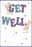 Radiating a sense of joy and encouragement, this get well card shows two endearing friends-a soft brown bear and an exuberant puppy-banding together to deliver a message of wellness. The bear, its arms gently wrapped around the top of 'GET,' beams with a warmth reminiscent of the caring welcome found at Edgware's local shops, while the playful pup, all floppy ears and eager expression, perches below the bold 'WELL.' The large, lively letters in gradients of purple and teal stand out against a backdrop as clean and inviting as a walk along the Edgware Greenway. Dotted among them, starlike bursts in blue and violet lend the card an uplifting air, much like seeing the first spring flowers after a long winter. The textures-invitingly plush fur and velvety puppy ears-add a sense of softness, like a bouquet crafted to soothe and comfort. Whether sent to a neighbour recovering nearby or a friend across town, this card embodies the gentle optimism found in every thoughtful gesture from Edgware Flowers, making it an ideal companion to a locally delivered bouquet meant to bring hope and healing.