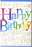 The photograph presents a cheerful birthday card that radiates colour and celebration, the sort you might tuck beside a floral arrangement ready for delivery around Edgware and the surrounding residential streets. The central focus is the phrase Happy Birthday, written in large, rounded letters that seem to slightly lift from the surface, their edges smooth and inviting. Each letter is filled with a flowing gradient that travels through the entire rainbow-starting with rich ruby reds and fiery oranges, gliding into golden yellows, fresh leaf greens, and clear sky blues, before finishing with hints of indigo and violet. The effect recalls a row of colourful balloons or garlands strung up for a party at home. Behind this bold greeting, the background is completely covered with fine, repeating lines of golden script. In this gentle handwriting style, the words Happy Birthday to you curl and loop across the card, overlapping slightly yet remaining soft and delicate, like whispered wishes layered one over another. The gold ink appears subtly glittered, catching highlights much like sunlight glinting off a ribbon wrapped around a birthday bouquet. Scattered around the central letters are tiny flecks and star-like sparkles in various colours, evoking confetti or the gleam of sparklers. The card's surface looks smooth and semi-glossy, giving the colours extra depth without becoming overly shiny. The overall feeling is bright, uplifting, and affectionate-a modern yet heartfelt birthday card that would sit beautifully alongside fresh flowers arriving from a nearby Edgware florist, ready to turn an ordinary day into a vivid birthday memory.