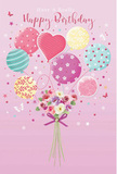 Softly whimsical birthday card illustration featuring a floating bouquet of balloons attached to a dainty cluster of flowers, imagined through the eyes of a florist who creates joyful pieces for Edgware families. The background is a velvety pastel pink, like the sky just after sunset over Edgware's quiet residential streets. From the centre, a group of balloons rises lightly upward: round and heart-shaped forms decorated with candy-coloured stripes, scattered polka dots, tiny blossoms, and curling ribbon patterns. Their hues-blush pink, minty green, butter yellow, lavender, and teal-blend into a gentle rainbow, each balloon softly glowing as though brushed by natural daylight from a nearby window along Station Road. At the point where the balloon strings gather, a petite bouquet nestles, as if the flowers themselves are being lifted into a birthday celebration. Creamy ivory and blush-pink roses, along with small anemone-like blooms in mauve and soft rose, are closely packed, their petals delicate and feathery. They seem freshly cut, echoing the kind of posies prepared early in the morning before deliveries go out across Edgware. A violet satin bow ties the stems together, its loops and ends shimmering and slightly curled, adding a polished finishing touch. Tiny star shapes and light, fluttering butterflies sprinkle the air around the bouquet, giving a sense of magic and movement, as if you've caught the exact moment when birthday wishes, flowers, and balloons all lift off together to make someone feel cherished and celebrated.