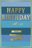 The birthday card shown here radiates quiet sophistication, its design built on a foundation of wide, horizontal blue stripes that evoke calm and clarity. From the base to the top, the blues shift gradually-from a deep navy reminiscent of an evening walk through Edgware to lighter sky and teal tones that feel like fresh daylight over local gardens. The card's surface appears smooth and slightly velvety, inviting touch as much as sight. Dominating the centre is an embossed HAPPY BIRTHDAY greeting in bold, all-capital gold letters. The metallic finish glows warmly rather than glaring, gleaming gently as though catching a shaft of sunlight through a front-room window along Hale Lane. Just beneath this central phrase lies a graceful golden flourish, delicate and symmetrical, whose refined curves give the design a traditional, almost heirloom quality. Below the flourish, three neat gold banners stretch horizontally, stacked with precise spacing. Each banner carries part of a simple, heartfelt message: Relax, have a great day and enjoy! The lettering, also embossed, appears easy to read and slightly raised, adding a tactile element to the visual charm. A fine gold line frames the entire card, turning the blue and gold composition into something that feels composed and complete, like a cherished print in a slim frame. The overall feeling is one of peaceful celebration and thoughtful intention, ideal to accompany a hand-tied birthday bouquet delivered to a home or office in Edgware, offering not just congratulations but a gentle invitation to slow down and savour the day.
