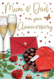 Heartfelt anniversary card image portraying a richly detailed celebration tableau, described with the sensitivity of a local Edgware florist. On a warmly lit tabletop, two tall champagne flutes stand together, each glass clear and finely illustrated, filled with a soft golden fizz that catches the light and sends tiny bubbles rising in a steady stream, as though poised for a loving toast after a family meal near Edgware station. Nearby, a heart-shaped box of chocolates, wrapped in deep red with an opulent matching bow, sits invitingly open. Inside, gleaming truffles nestle in careful rows, while a couple of pieces rest just outside the box, implying a moment of easy, shared indulgence. In the foreground, two beautiful red roses lie side by side, their petals richly layered and velvety, with bright green leaves creating contrast, much like freshly cut stems laid out for arranging in a local florist's studio. A bold scarlet envelope, sealed and slightly askew, suggests a handwritten message for cherished parents, the kind of loving note that might accompany flowers delivered across Edgware's quiet residential streets. Floating all around, tiny red and gold hearts drift gently across a softly glowing background, casting a playful yet tender mood, reminiscent of confetti or delicate foil decorations catching the light. The overall feel is romantic, cosy, and celebratory, evoking the warmth of a long-standing marriage honoured with roses, chocolates, and champagne, and the comfort of family love that deepens over time.